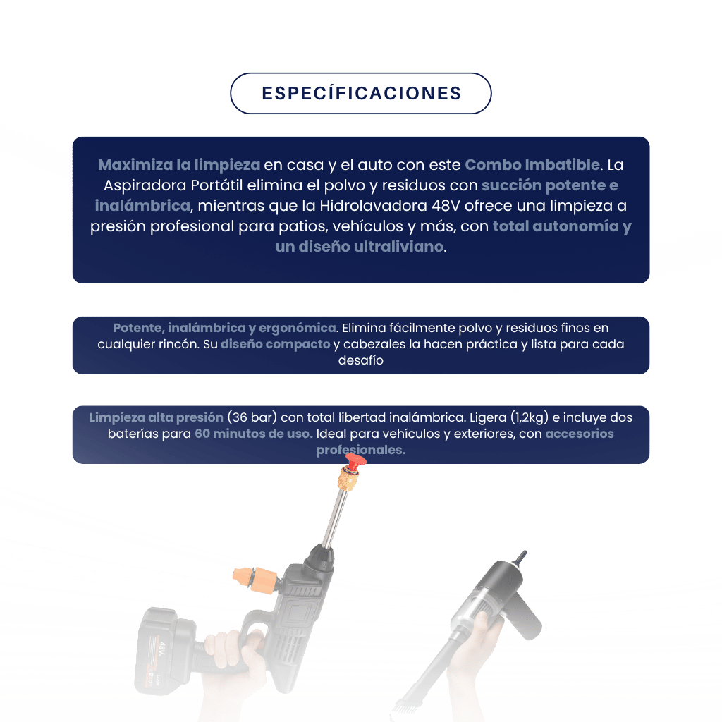 Sistema de Lavado CAR WASH® de Nüvolut – Hidrolavadora Inalámbrica + Aspiradora Portátil